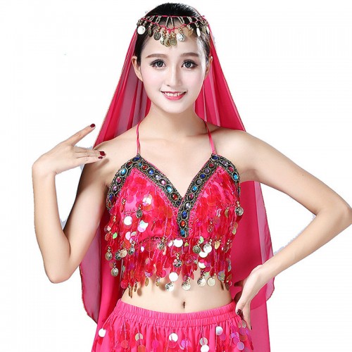 Colorful Sequined belly dance halter neck bra tops for women hanging coin canival stage performance belly dance sequin beaded tassel top